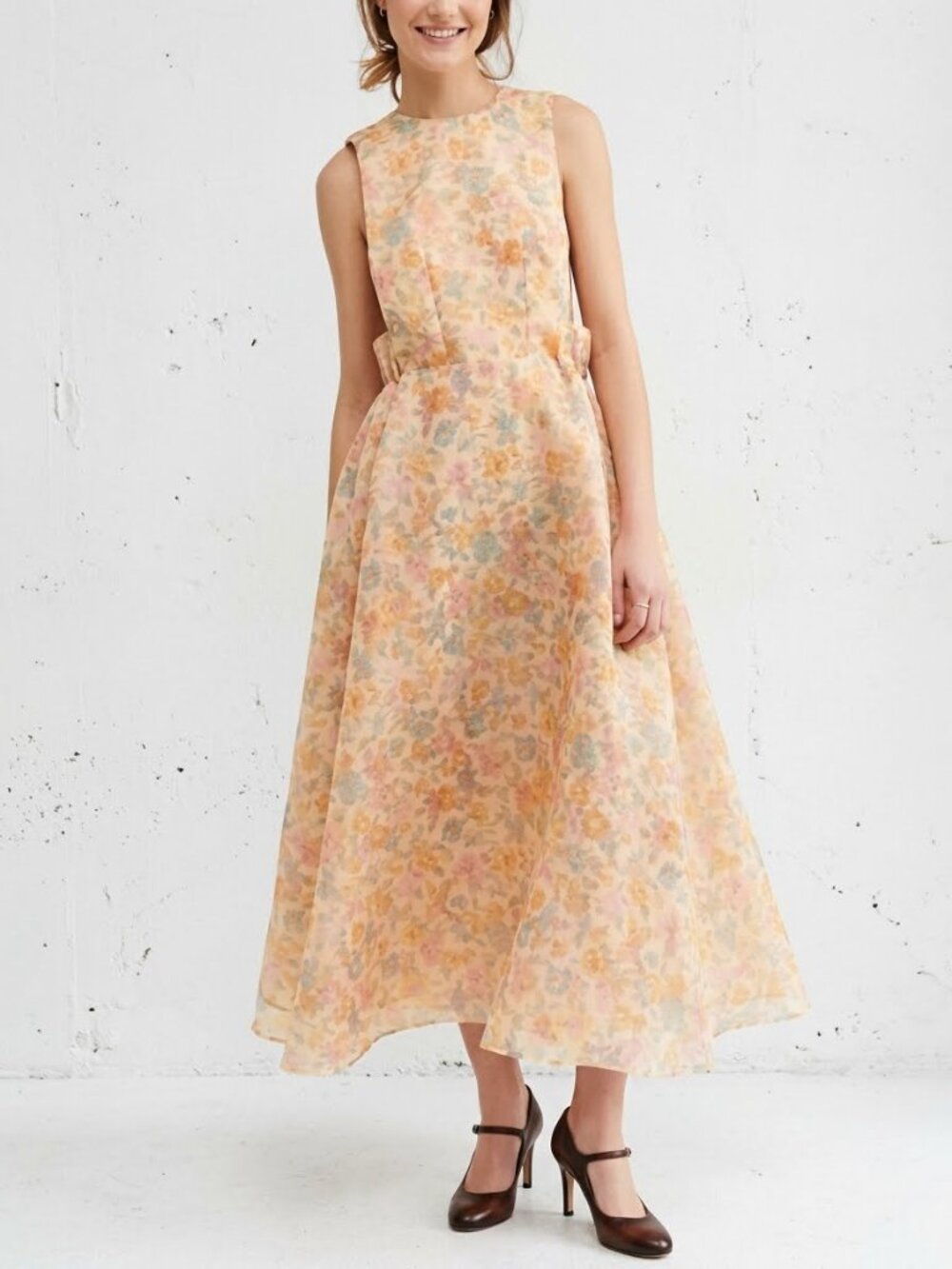 Selkie Puffy Pinafore Maxi Dress Yellow Pink Pastel Floral Anthropologie S